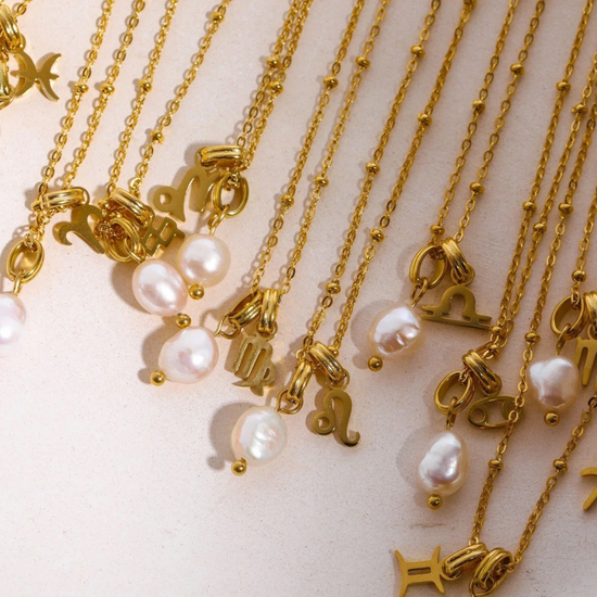 Horoscope & Fresh Water Pearl  18k Gold Plated Necklace